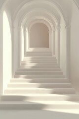 Obraz premium Empty, arched hallway with stairs. Sunlight streams through
