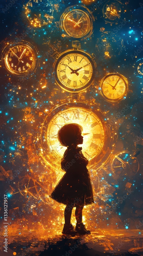 Poster vibrant visualization of a glowing child in a cosmic clock-filled world at twilight