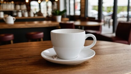Obraz premium Cozy coffee shop mockup featuring a white cup on a wooden table.