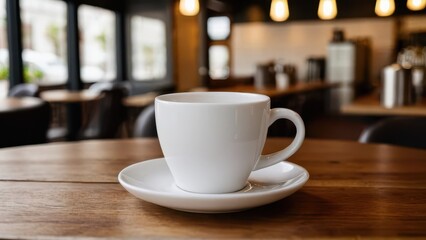 Fototapeta premium Cozy coffee shop mockup featuring a white cup on a wooden table.