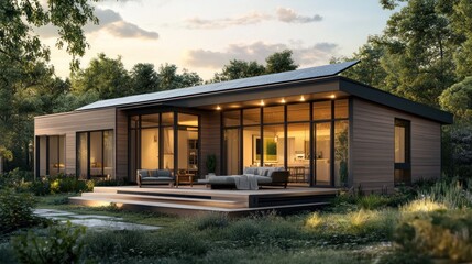 Fototapeta premium Modern sustainable home with solar panels blending into natural landscape at dusk