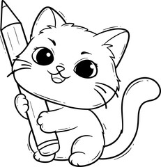 Cute Cartoon Cat Holding a Pencil Outline