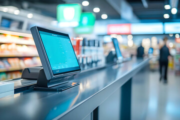 Modern self-checkout terminal in a supermarket with a sleek touchscreen interface. A futuristic retail environment emphasizing automation, efficiency, and digital transactions
