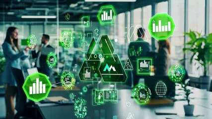 Eco icons and data processing driving sustainable business practices in modern office environment, eco icons and data processing over diverse business people in office - Powered by Adobe