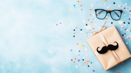Father's Day Festive: Father's day celebration gift with eyeglasses and a mustache decor on pastel background with confetti