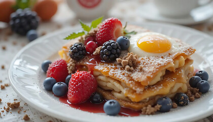 Delicious Breakfast Spread with Pancakes, Berries, and Sunny-Side-Up Egg .