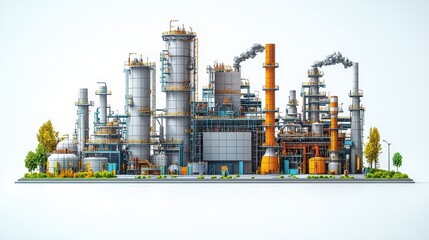 Detailed View of Modern Industrial Plant with Storage Tanks and Smoke Stacks