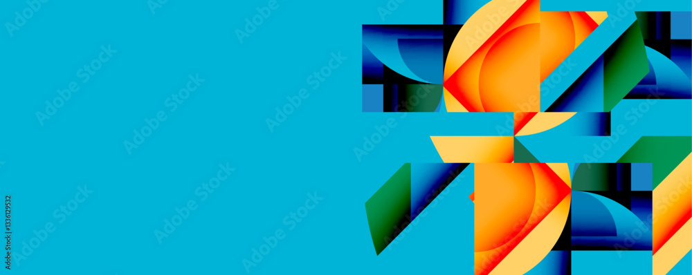 Poster Abstract geometric composition with interlocking circular and angular shapes, featuring smooth gradients and sharp contrasts on a white background