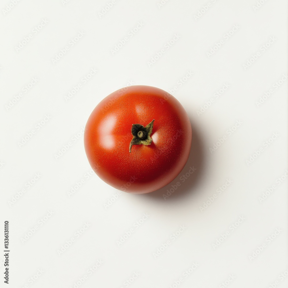 Poster fresh ripe tomato with smooth shiny surface placed on a white background to highlight its vibrant co