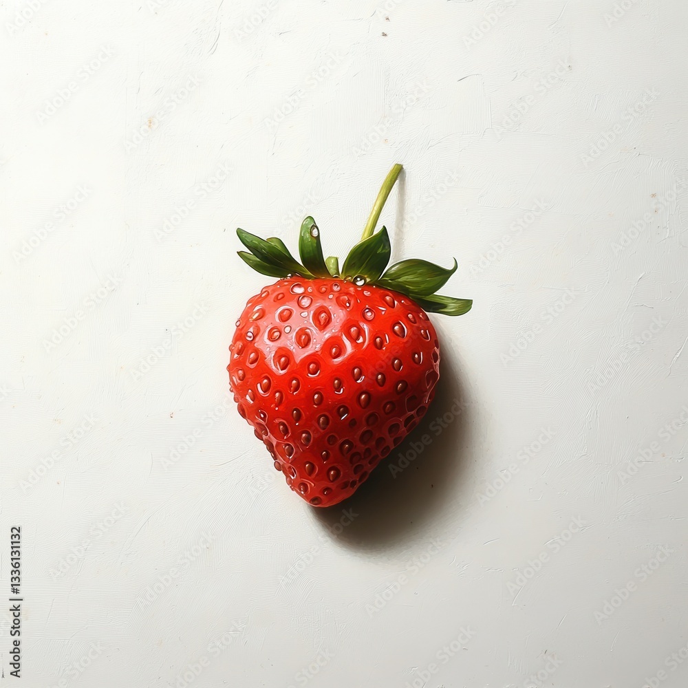 Poster single ripe strawberry with dewdrops resting on a light surface in a natural setting during daylight