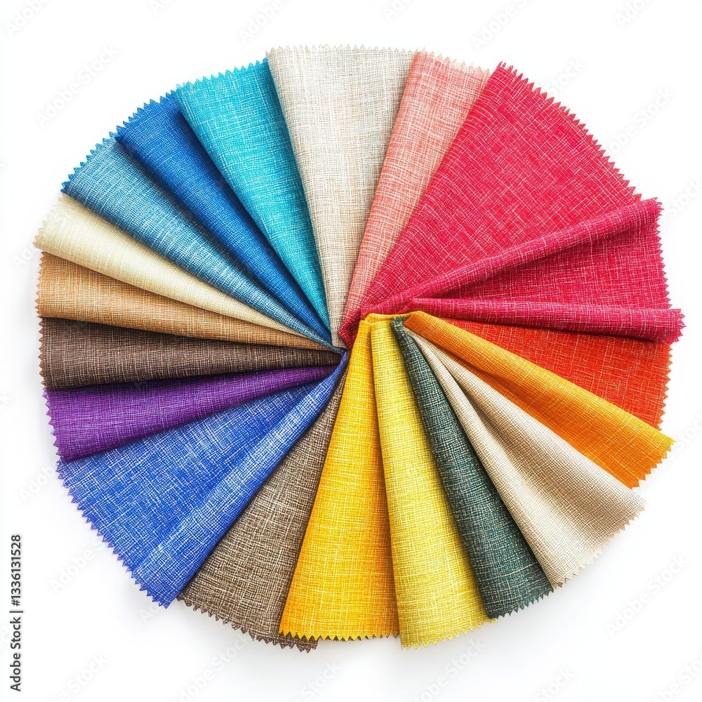 Poster colorful fabric swatches fanned out in a circular display showcasing various textures and hues for d