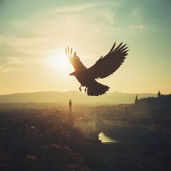 Obraz premium A Raven's Flight Over Florence at Sunset: Silhouette of Bird and Cityscape in Golden Light