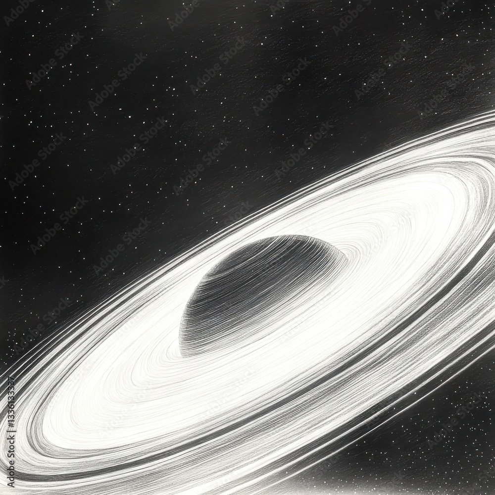 Poster Pencil rendering of a captivating planetary ring system with intricate details and a dark cosmic background