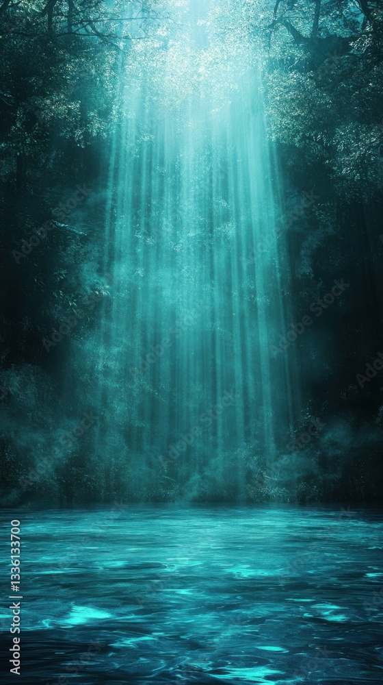 Poster Experience the serenity of a mystical teal space illuminated by soft light