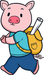 Cute Cartoon Pig Character with Backpack
