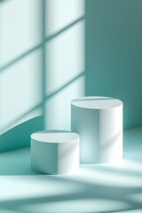 Empty white cylinder podiums in soft teal light