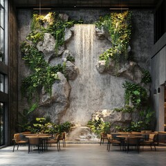 Indoor dining space with natural waterfall feature on rock wall with abundant greenery under soft lighting.