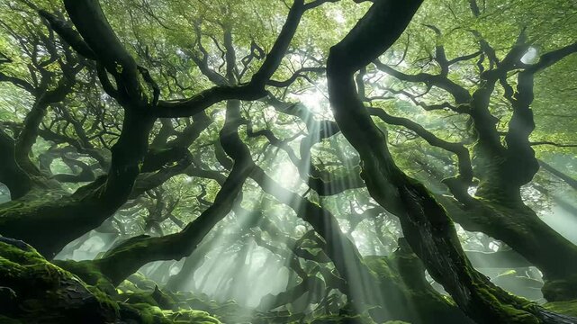 Mystic light shines through fog in enchanting fairytale forest landscape, Mystic light in foggy fairytale forest landscape