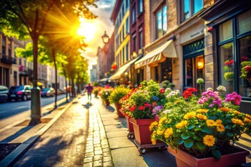 Fototapeta premium Sunny Street Scene with Flower Pots