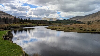 Beautiful landscape scenery, river Erriff surrounded by mountains near Aesleagh falls, county Mayo, Ireland, nature background
