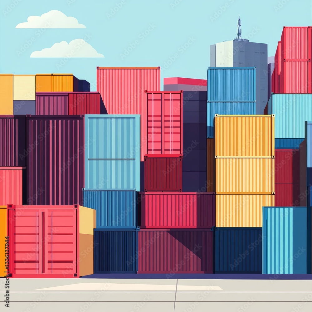 Poster Vibrant Container Terminal Landscape: Abstract Geometric Stacks of Shipping Boxes with Skyline Background