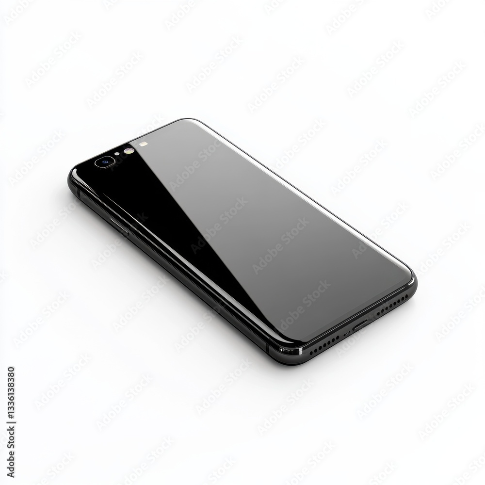 Poster compact black smartphone with glowing screen resting on a flat surface in a well-lit environment