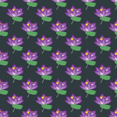 seamless floral damask pattern design created a digital graphic style it showcases purple lotus green stamens and leaves arranged in a repetitive use in fabric wallpaper background textile