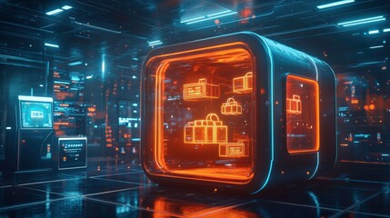 Obraz premium Futuristic digital display showcasing glowing gift boxes in a high-tech environment at night