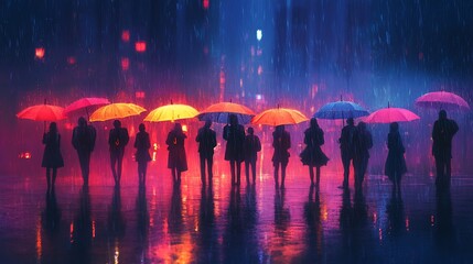Rainy night city walk, colorful umbrellas, reflections