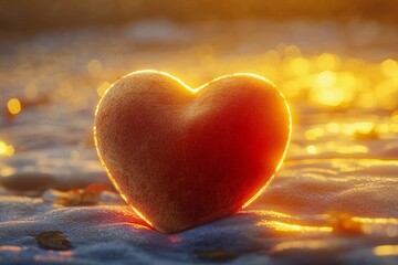Fototapeta premium Soft Velvet Heart Glowing in Warm Golden Light at Dusk. Generative AI