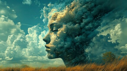 Surreal dreamscape blending human emotion and nature open field digital art ethereal atmosphere artistic perspective