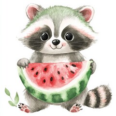 Cute raccoon enjoying a slice of watermelon in a playful and colorful illustration © Anastasiia