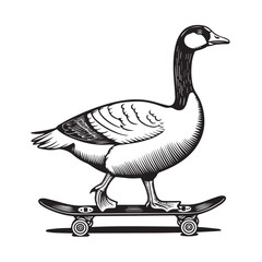 Stylized Sketch of a Goose Balancing on a Skateboard, Vintage Style Engraving for T-Shirts, Posters, and Edgy Designs

