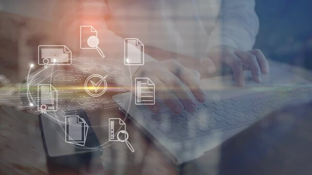 Concept of improving digital business document flow. Symbolic icons rotate against the background of a translucent silhouette of a person working on a laptop. Cg - Powered by Adobe