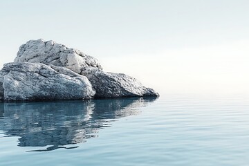 Rock formation in tranquil water reflecting the sky, creating a serene landscape with calm ripples