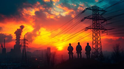 Fototapeta premium Industrial-themed lineman artwork showing team coordination on power grid maintenance
