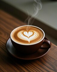 A steaming coffee cup with heart latte art on a cozy wooden table