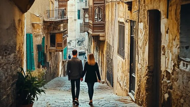 Couple strolling in old city narrow street, exploring historical cityscape together, walking