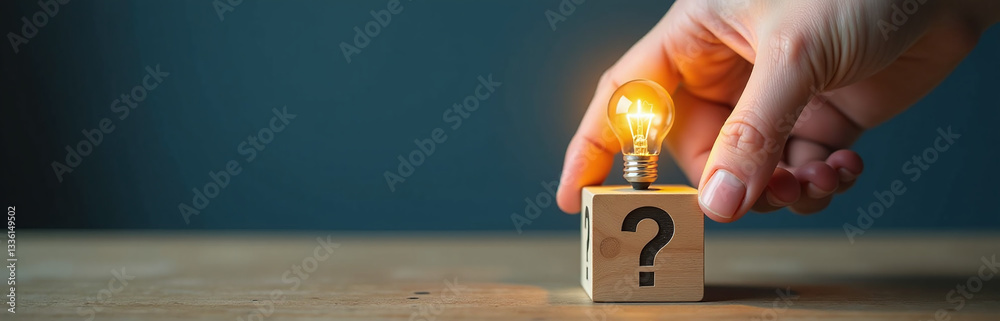Poster a hand touches a glowing light bulb on one side and a question mark on the other of a wooden cube fo