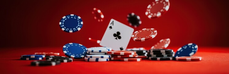Obraz premium Falling poker chips and an ace of clubs on a vibrant red background.
