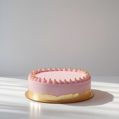 Single pink and gold cake object prominently placed against a pure white background