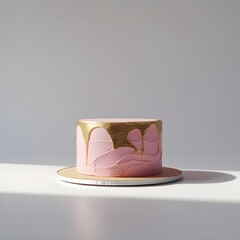Single pink and gold cake object prominently placed against a pure white background