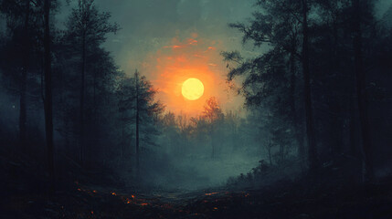 Mysterious glowing sun dark misty forest dense trees deep shadows eerie atmosphere soft golden light ethereal ambiance hidden pathway mystical presence cinematic moody landscape tranquil isolation