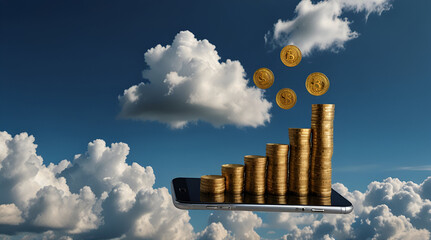 Smartphone and money coin on blue sky cloud background Investment graph using funding business on mobile,generative.ai
