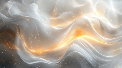 Abstract translucent flowing fluid waves in white tones with gold accents