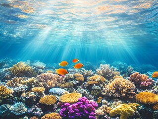 Naklejka premium Swimming Fish Above Coral Reef with Sun Rays Underwater Landscape