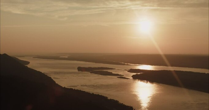 Golden sunset over Volga river near Samara, Russia