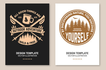 Obraz premium Set of hiking poster design with inspirational adventure quotes. Flyer, poster, banner with pin forest, coffee or tea mug, hiking poles. Outdoor adventure. Vector illustration.
