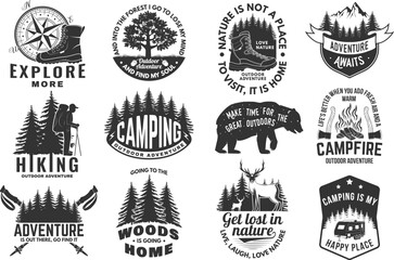 Fototapeta premium Set of logo, badge design with inspirational adventure quotes. Concept with oak and acorns, hiking boot, pin forest, hiker, campfire, hiking poles and mountain. Vector illustration.