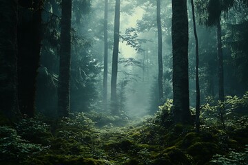 Obraz premium Misty Forest Path with Tall Trees and Lush Greenery in a Dreamy Landscape Ambiance